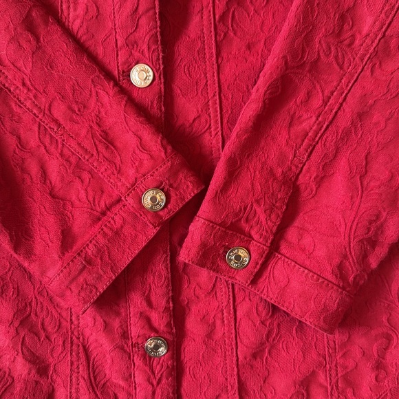 Chicos Red Jacquard Button Front Jacket Coat Layering Cotton Blend Size 3/XL - Picture 11 of 13